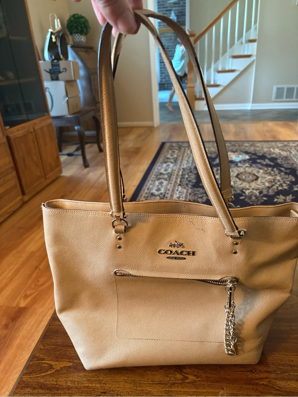 Coach Tan Leather Tote with Gold Chain Accent